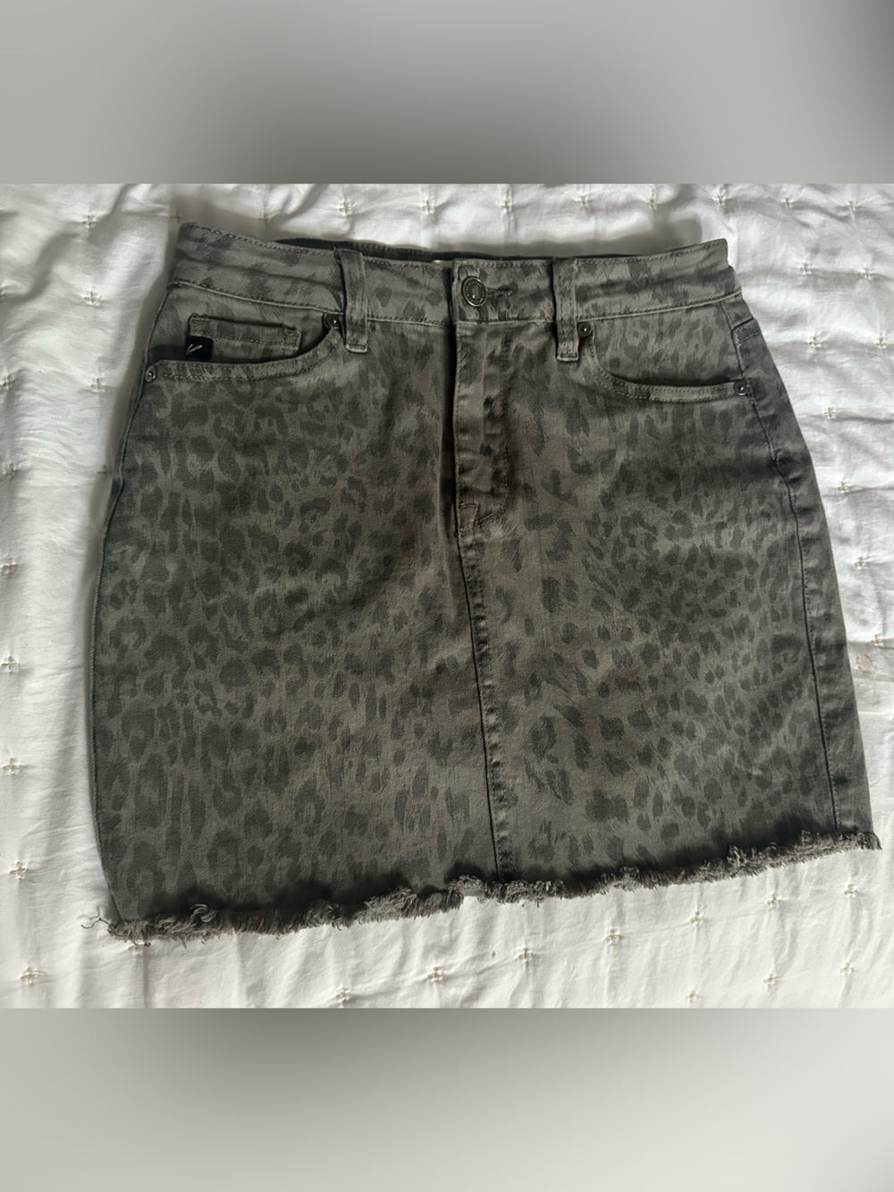 KanCan Olive Gray Leopard-Print Denim Mini Skirt